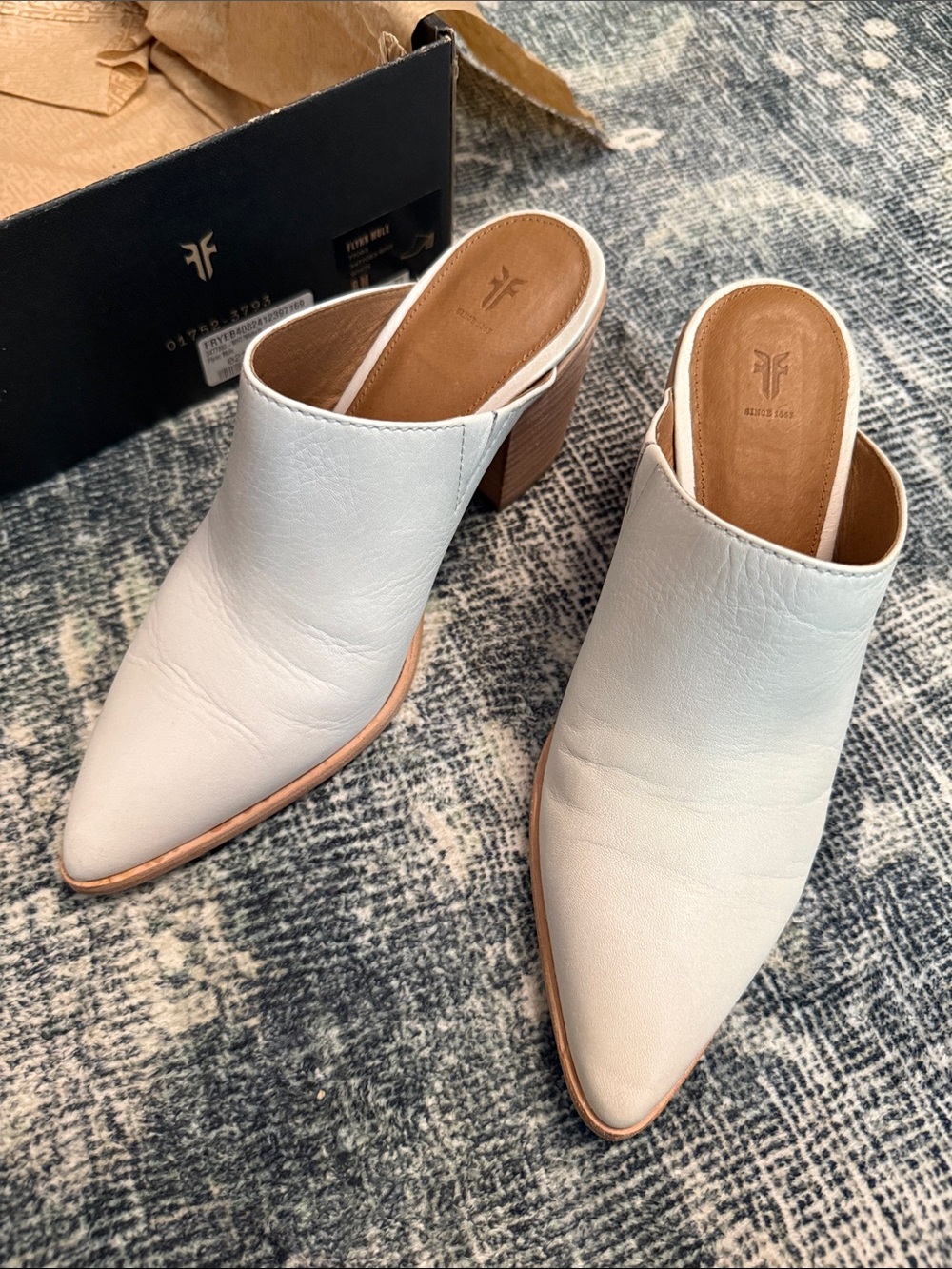Frye White Leather Pointed Mule Heels with Tan Stacked Heel